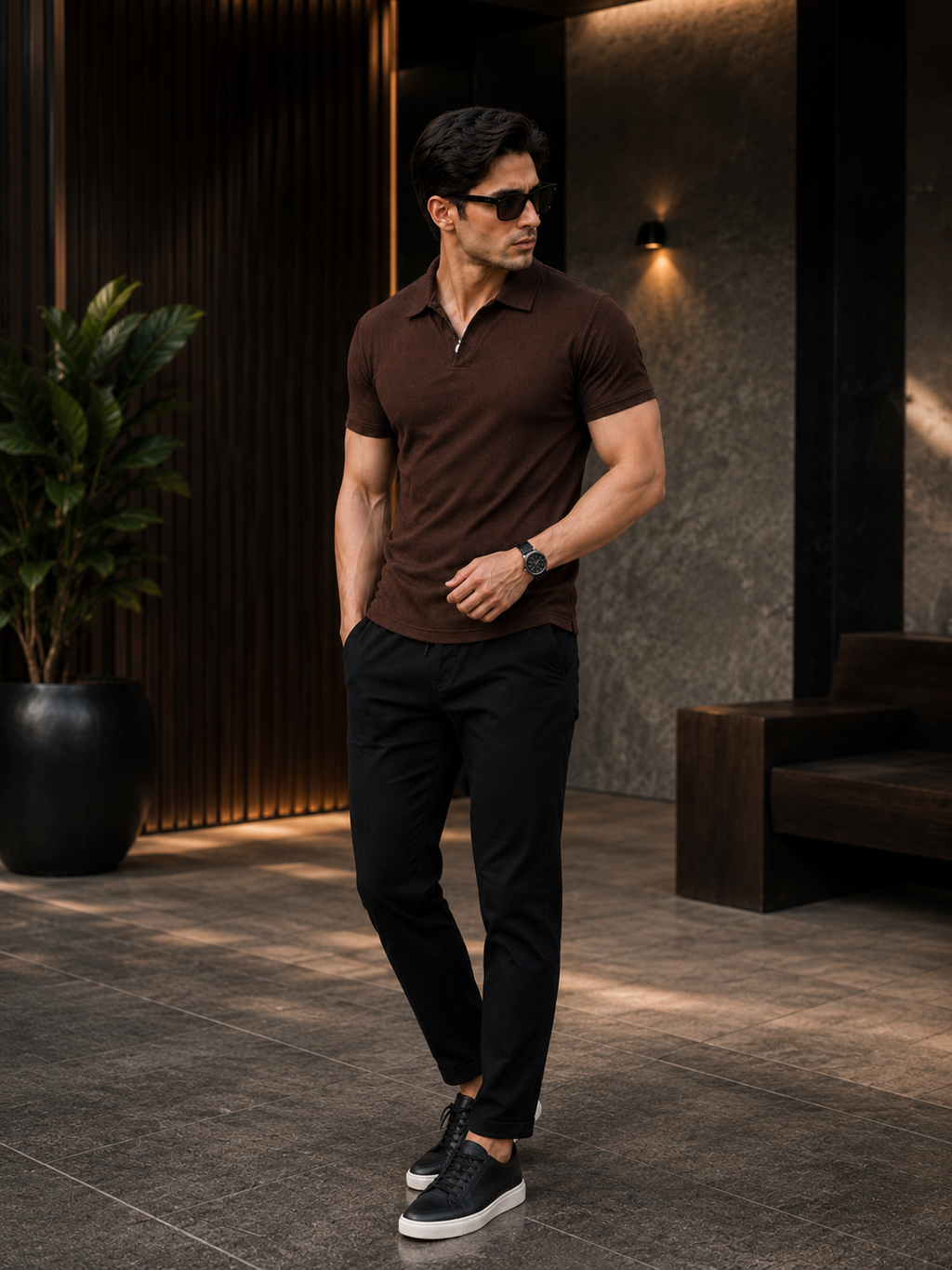 Men's Luxury Ribbed Polo T-Shirt, Textured Knit Fabric, Slim Fit Stretch Polo, Soft Breathable Casual Wear, Brown