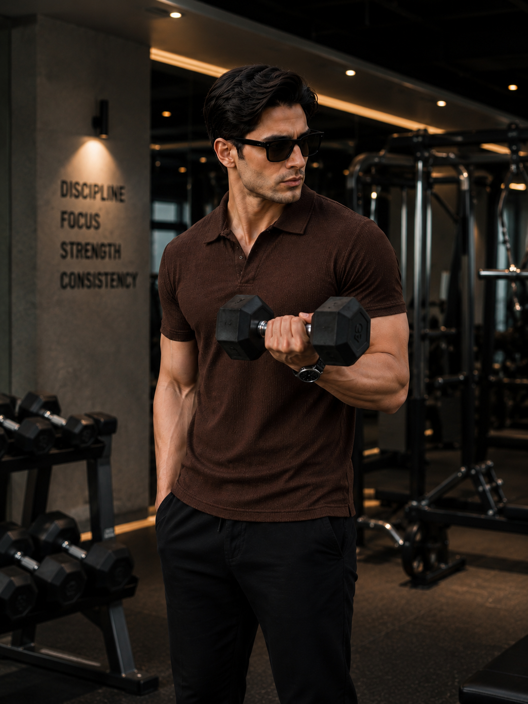 Men's Luxury Ribbed Polo T-Shirt, Textured Knit Fabric, Slim Fit Stretch Polo, Soft Breathable Casual Wear, Brown