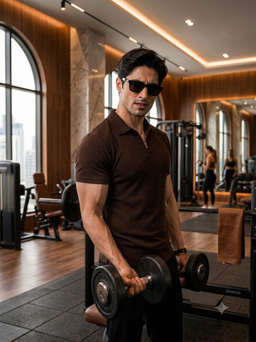 Men's Luxury Ribbed Polo T-Shirt, Textured Knit Fabric, Slim Fit Stretch Polo, Soft Breathable Casual Wear, Brown