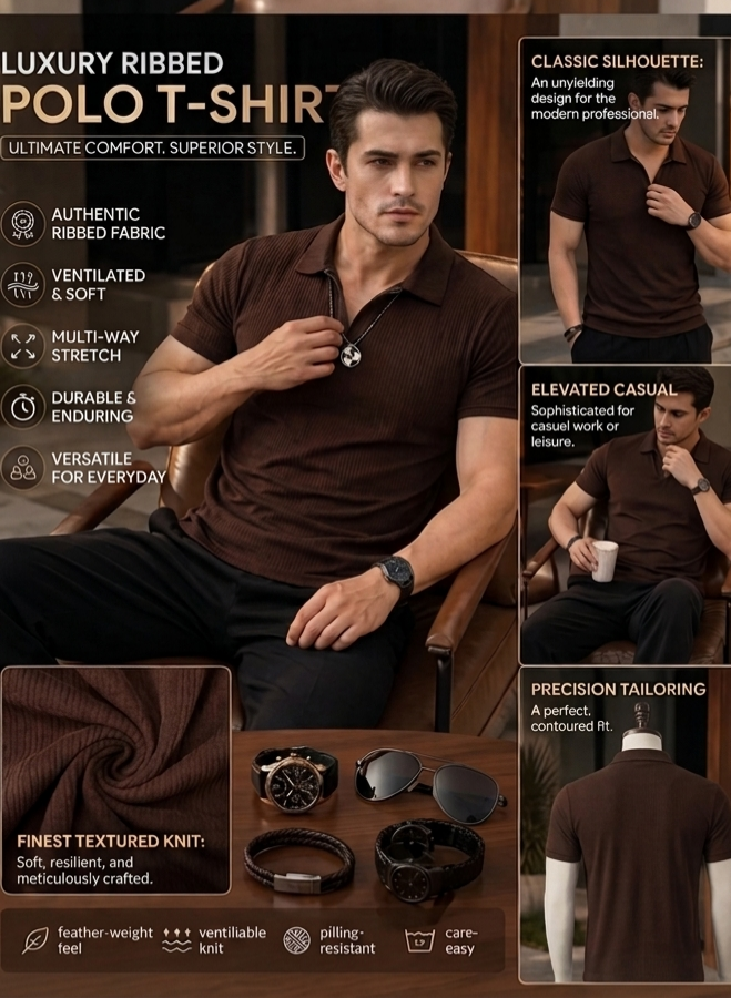 Men's Luxury Ribbed Polo T-Shirt, Textured Knit Fabric, Slim Fit Stretch Polo, Soft Breathable Casual Wear, Brown