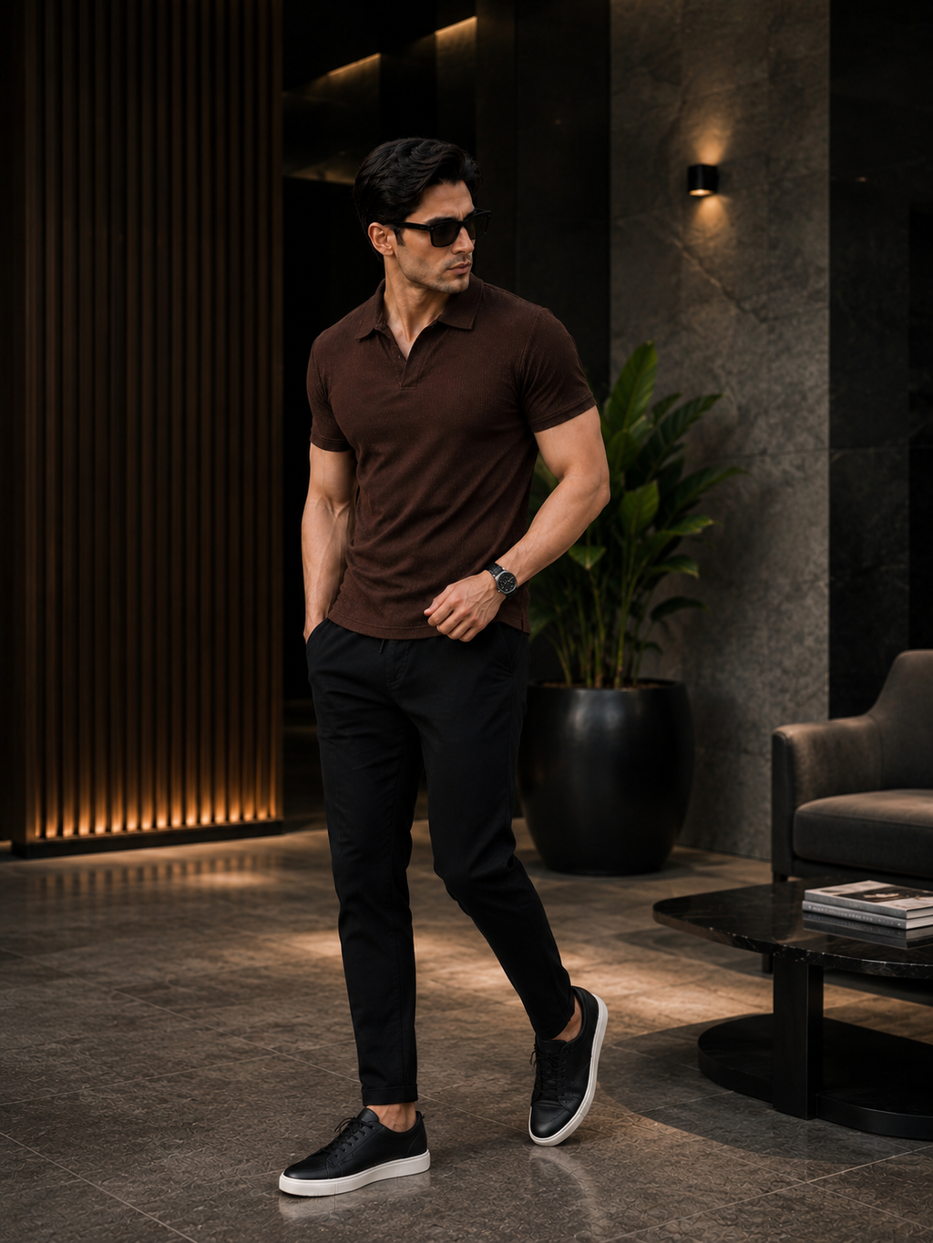 Men's Luxury Ribbed Polo T-Shirt, Textured Knit Fabric, Slim Fit Stretch Polo, Soft Breathable Casual Wear, Brown