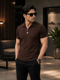Men's Luxury Ribbed Polo T-Shirt, Textured Knit Fabric, Slim Fit Stretch Polo, Soft Breathable Casual Wear, Brown