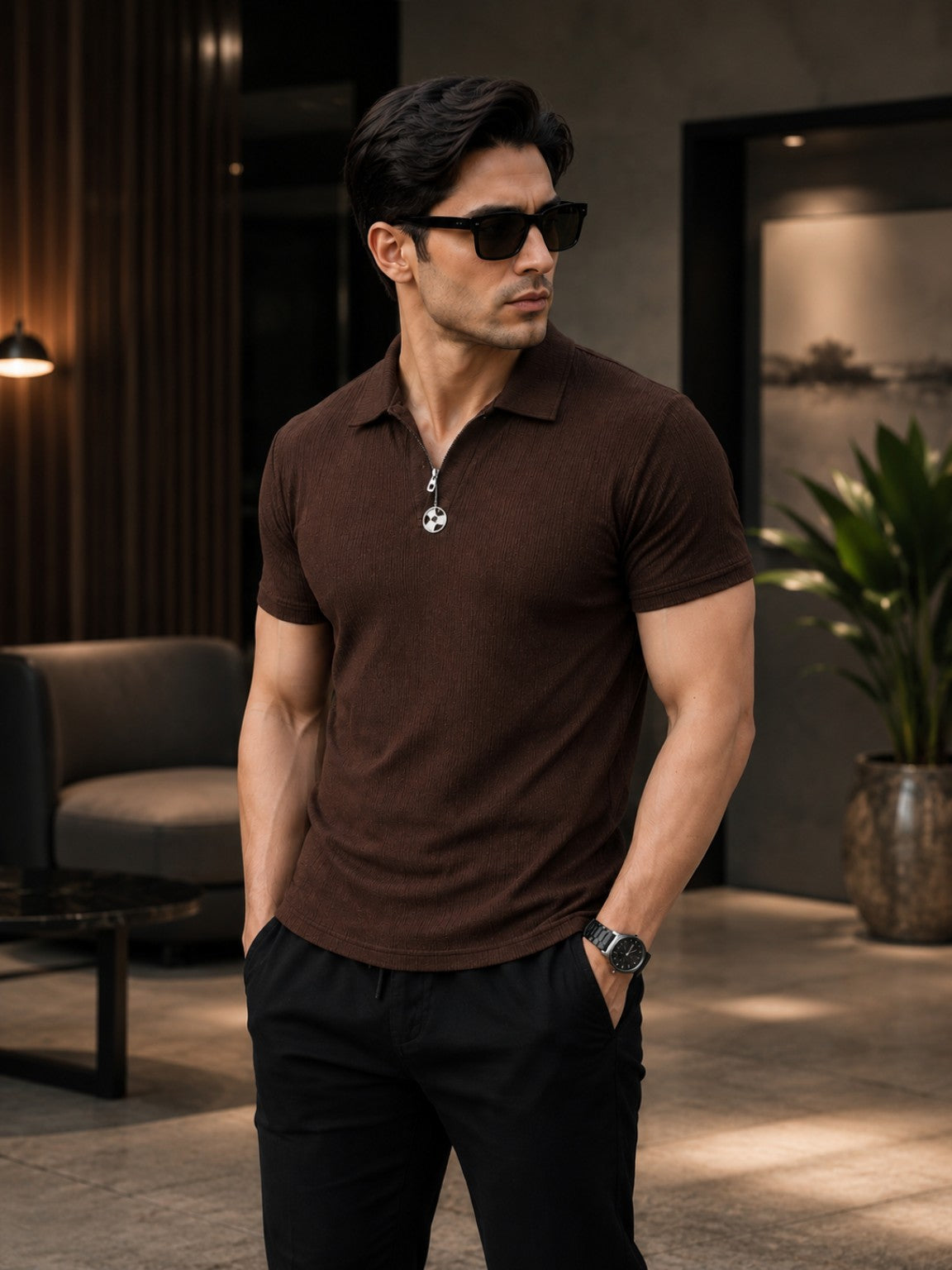 Men's Luxury Ribbed Polo T-Shirt, Textured Knit Fabric, Slim Fit Stretch Polo, Soft Breathable Casual Wear, Brown